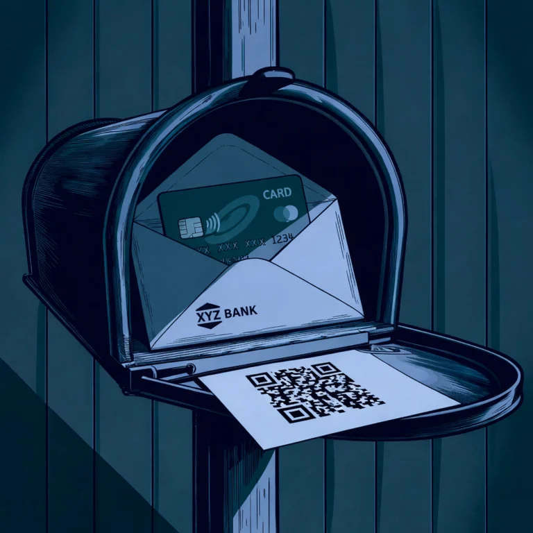 Image boîte aux lettres avec carte bancaire et QR code.
