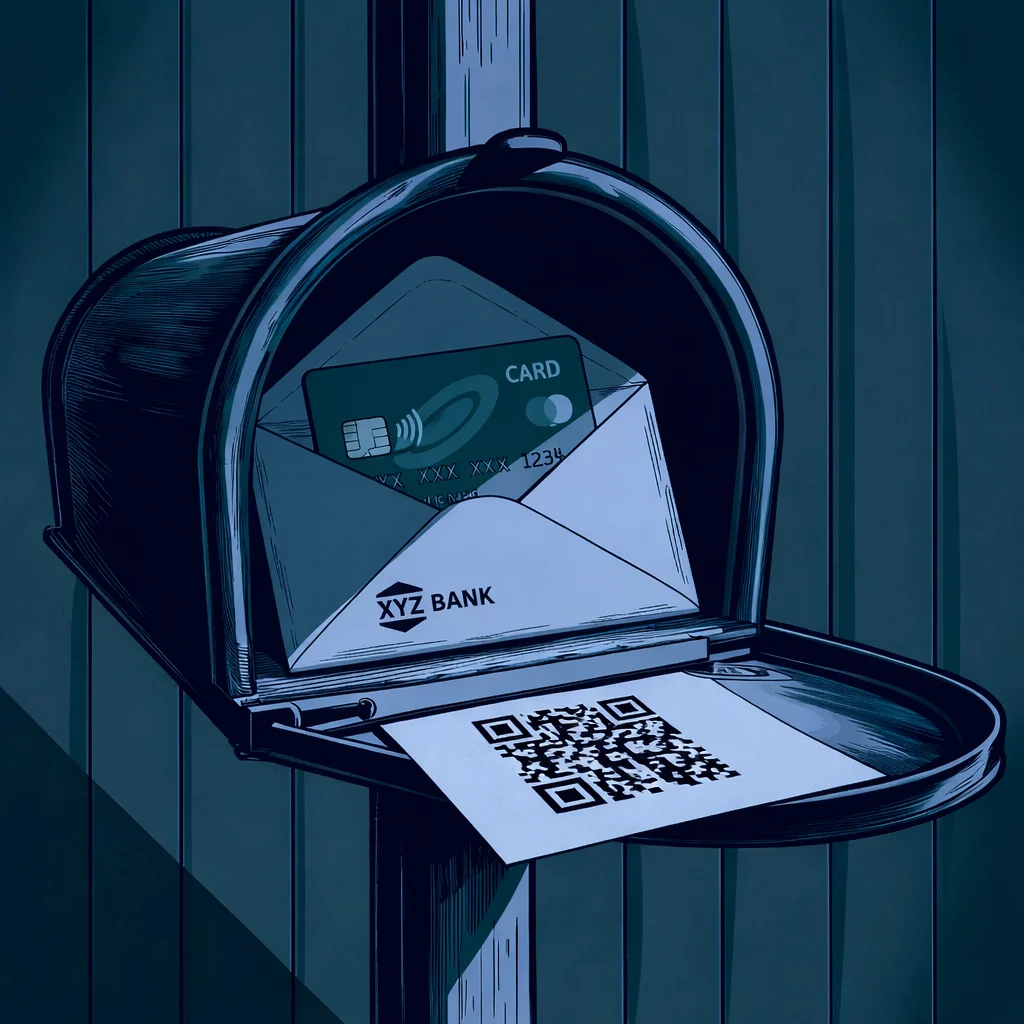Image boîte aux lettres avec carte bancaire et QR code.